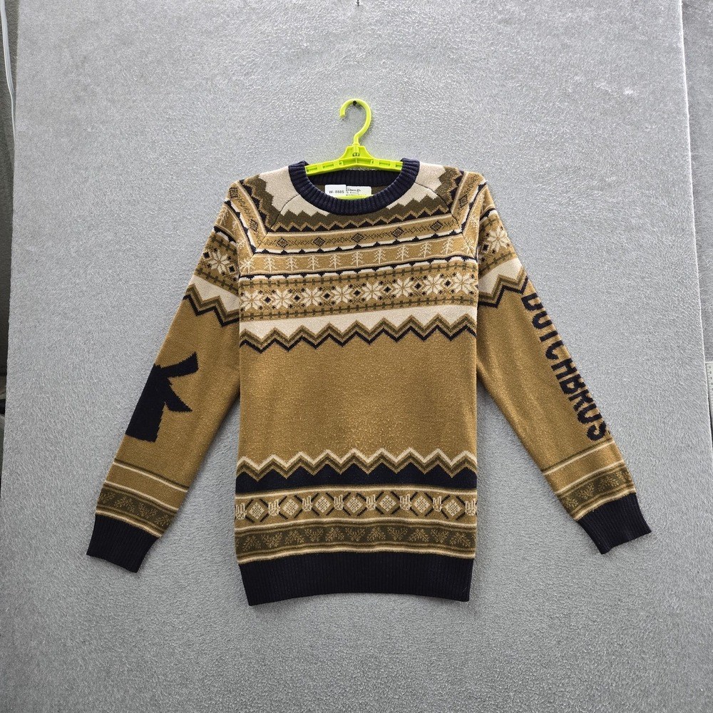 Dutch Bros Men Sweater MEDIUM Brown Fair Isle Logo Spellout Ugly Christmas